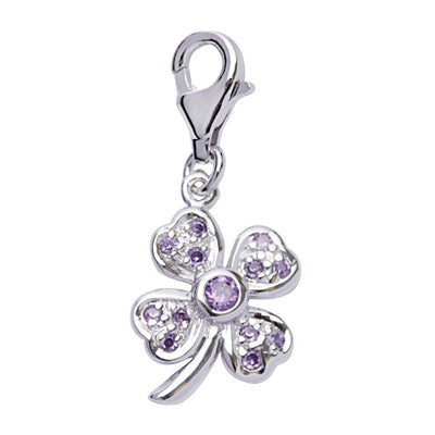 Sterling Silver Four-Leaf Clover Charm with Purple Crystal Gemstones - SilverAndGold.com Silver And Gold