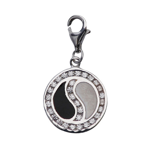 Sterling and Crystal Gemstone Yin Yang Design Charm in Black and White Enamel - SilverAndGold.com Silver And Gold