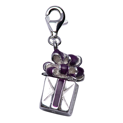 Sterling Silver Gift Box Charm with Purple Enamel Ribbon - SilverAndGold.com Silver And Gold