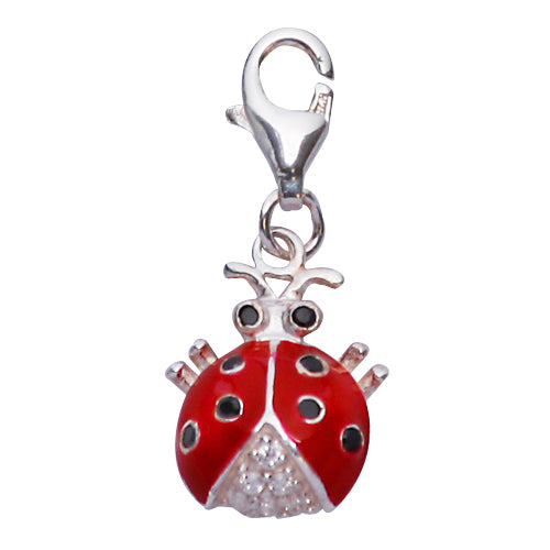 Crystal Gemstone Red and Black Enamel Ladybug Sterling Silver Pendant - SilverAndGold.com Silver And Gold