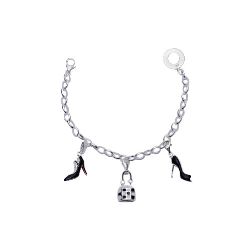 Sterling Silver Charm Bracelet: Black Enamel Shoes and Checkered Handbag - SilverAndGold.com Silver And Gold