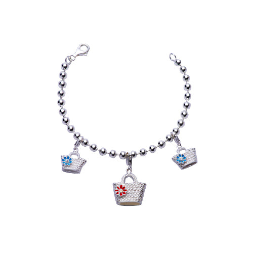 Beaded Silver Purse Pendant Charm Bracelet With Enamel Flowers - SilverAndGold.com Silver And Gold