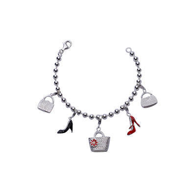 Five-Pendant High Heel Shoe and Handbag Charm Bracelet in Enamel and Sterling - SilverAndGold.com Silver And Gold