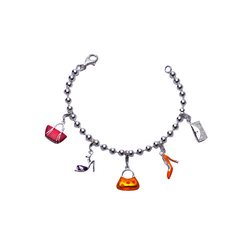 Five-Pendant Sandal, High Heel, and Purse Charm Bracelet in Enamel and Sterling - SilverAndGold.com Silver And Gold