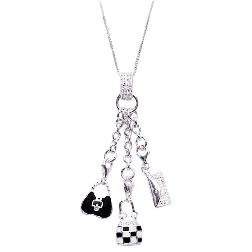 Sterling Silver Dangle Charm Necklace: Black, White, and Silver Purse Collection - SilverAndGold.com Silver And Gold