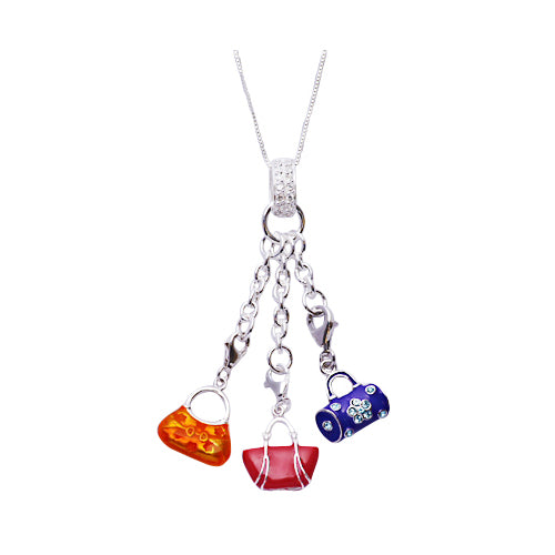 Sterling Silver Dangle Charm Necklace: Enamel Handbag Trio - SilverAndGold.com Silver And Gold