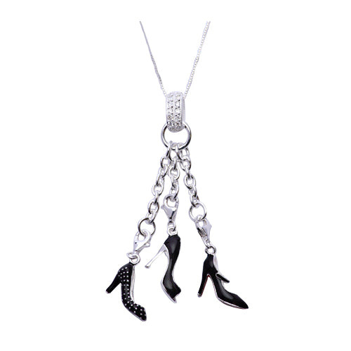 Sterling Silver Dangle Charm Necklace: Black High Heel Shoe Trio - SilverAndGold.com Silver And Gold