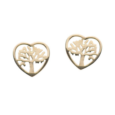 14K Yellow Gold Heart Tree of Life Stud Earrings | SilverAndGold