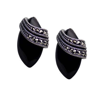 Marquise Black Onyx & Marcasite Earrings | SilverAndGold