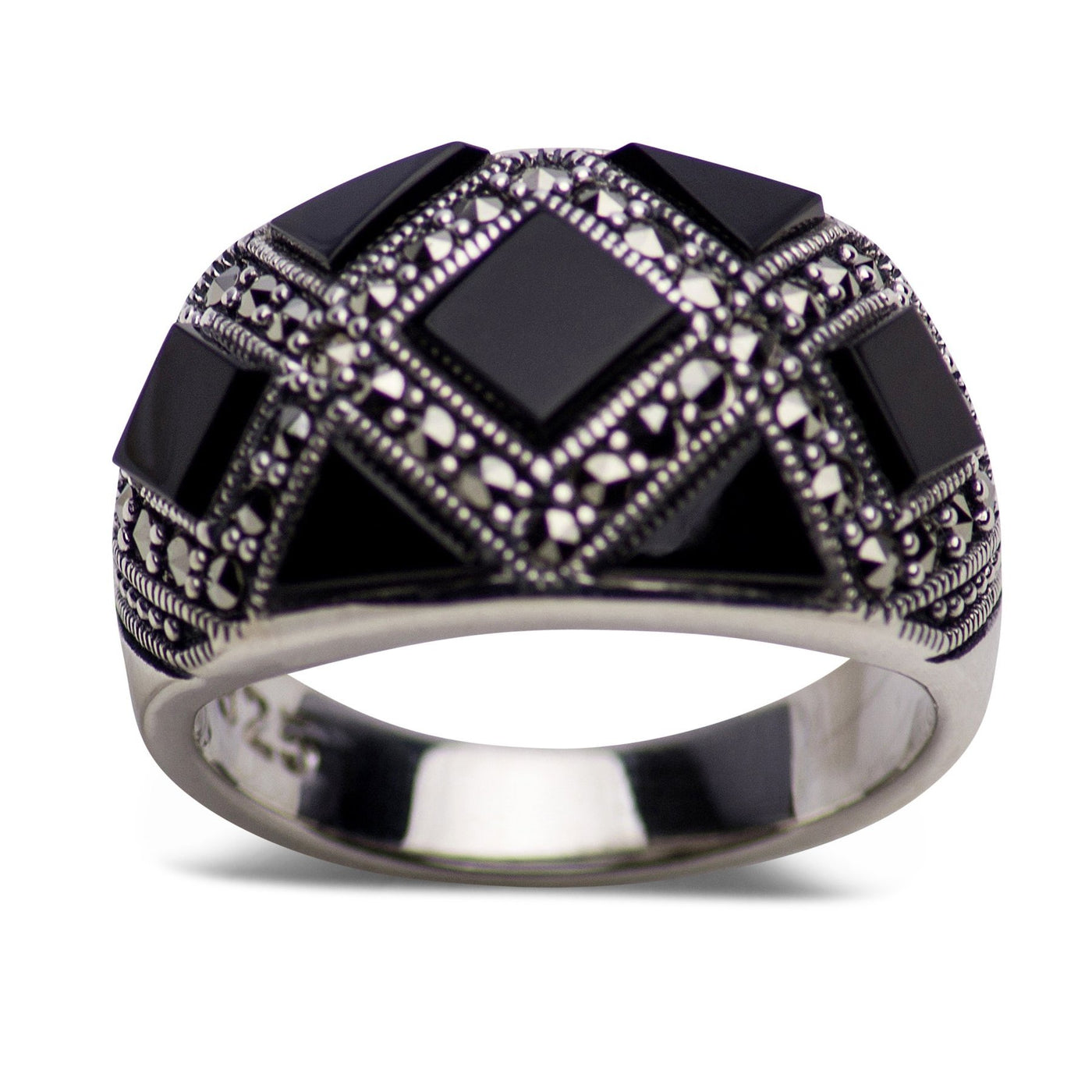 Sterling Silver, Black Onyx and Marcasite Pattern Ring