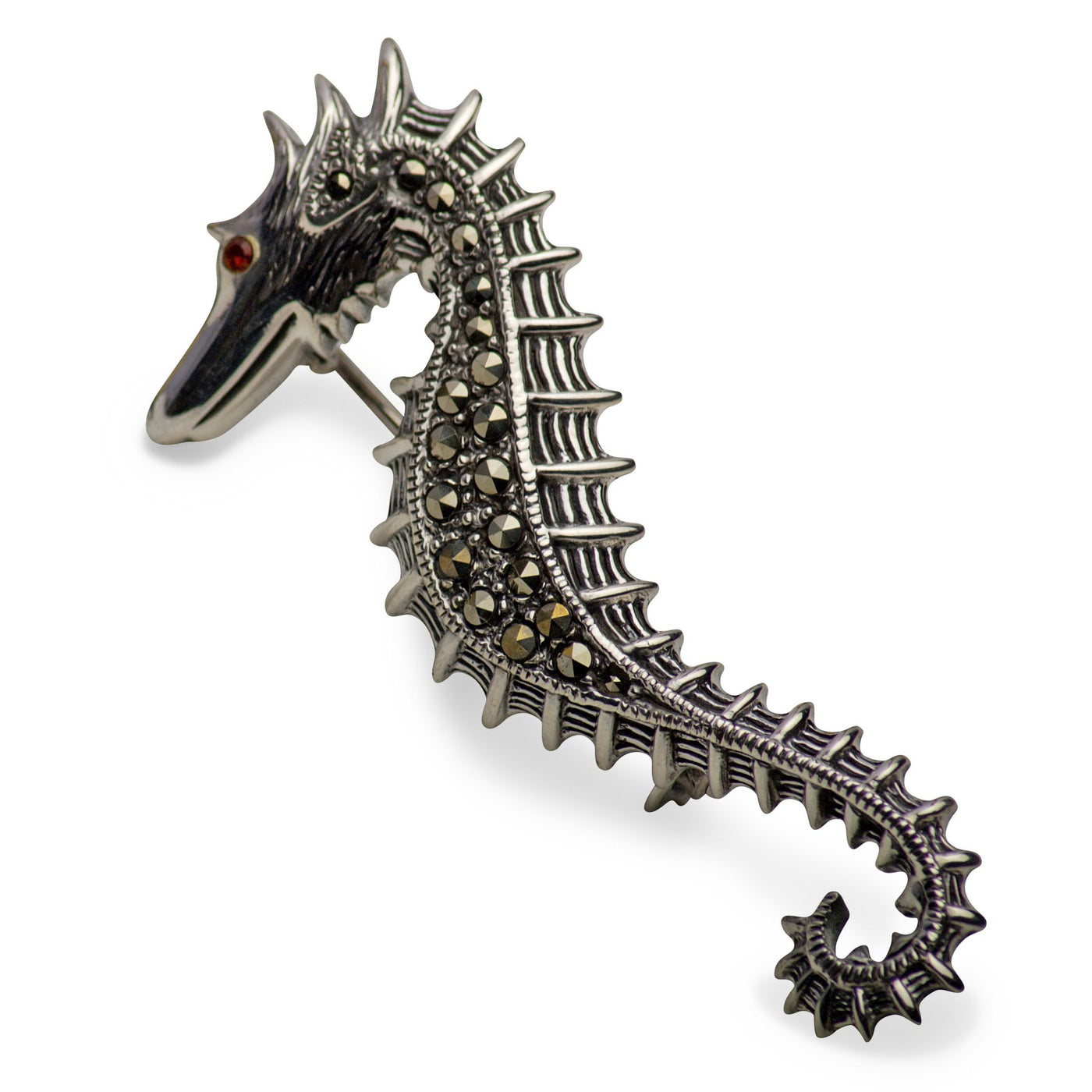 Marcasite, Garnet & Sterling Silver Seahorse Brooch Pin