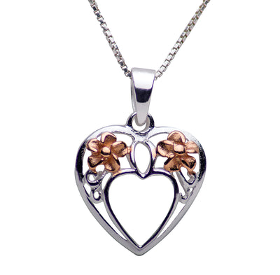 14K Rose Gold Plated Sterling Silver Heart Pendant Featuring Plumeria