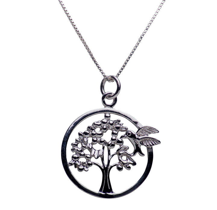 Hummingbird & Tree of Life Rhodium Plated Sterling Silver Necklace