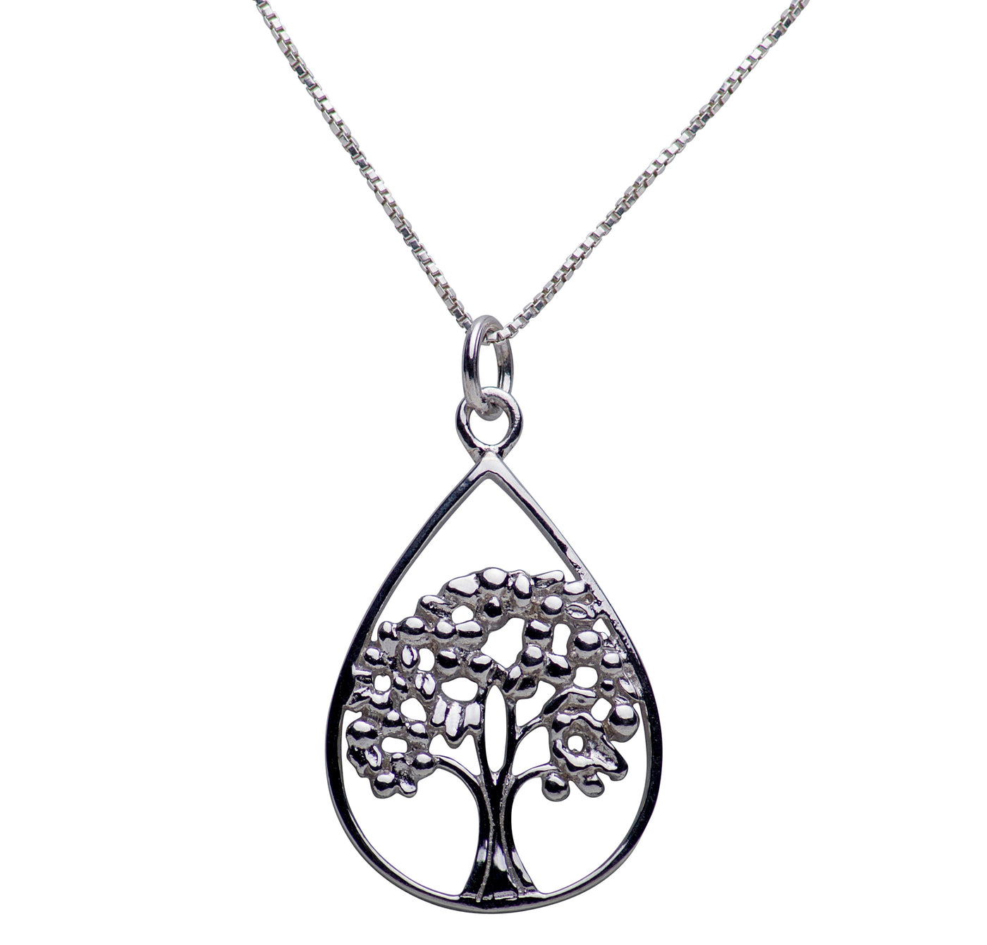 Teardrop Shape Tree of Life Rhodium Plated Sterling Silver Necklace
