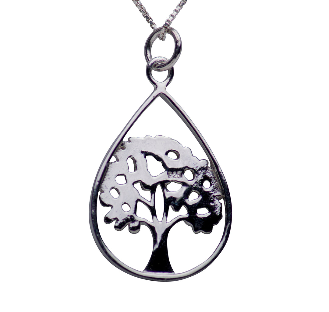 Teardrop Shape Tree of Life Rhodium Plated Sterling Silver Necklace