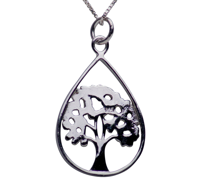 Teardrop Shape Tree of Life Rhodium Plated Sterling Silver Necklace