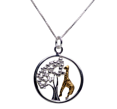 Giraffe Tree of Life 14K Gold Plated Sterling Silver Pendant Necklace