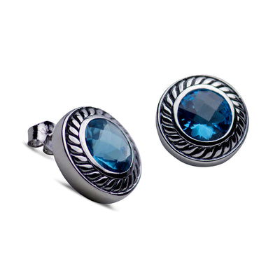 Created Blue Topaz Round Sterling Silver Earrings | SilverAndGold