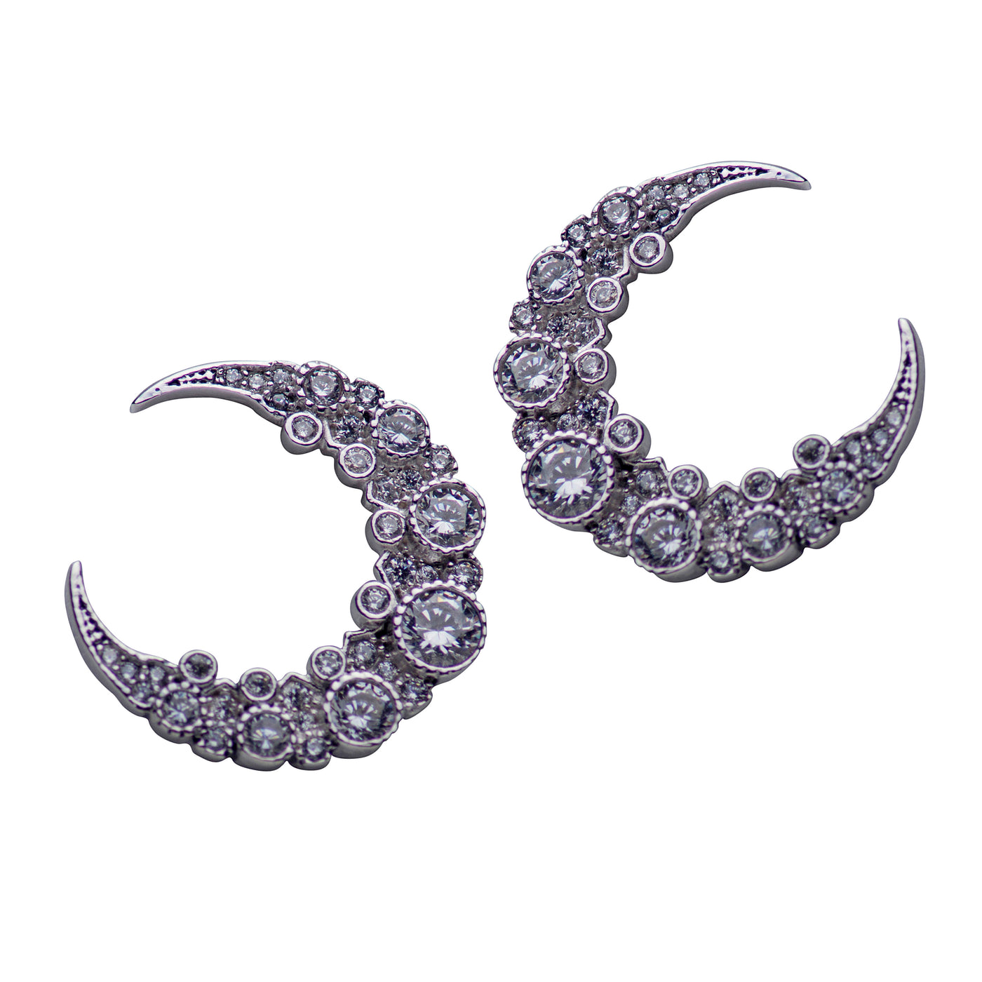 Crescent Moon Cubic Zirconia & Rhodium Plated Sterling Silver Earrings