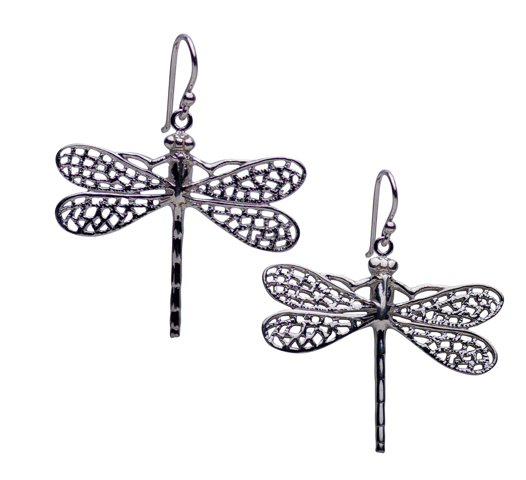 Large Dragonfly Rhodium Plated Sterling Silver Dangle Earrings