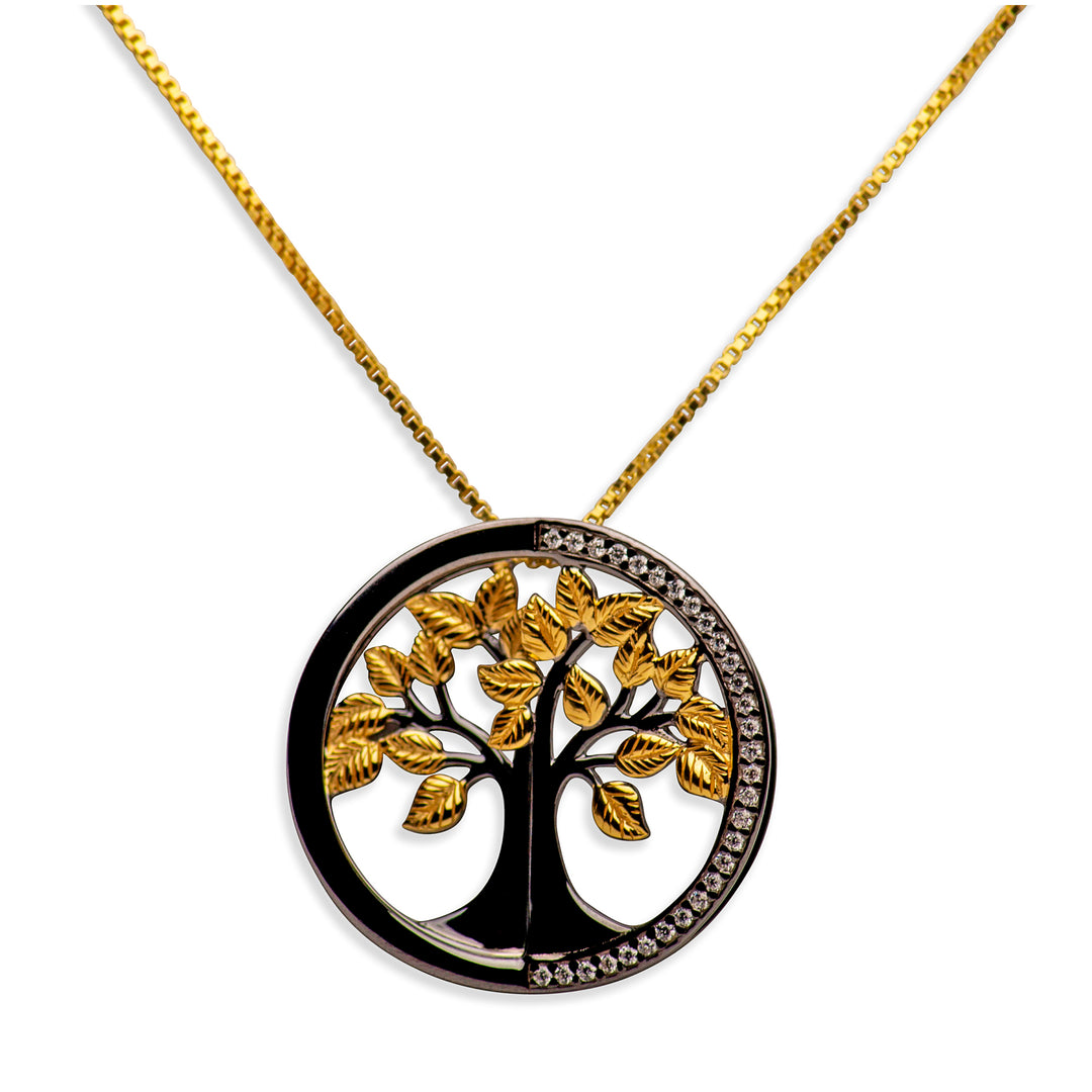14K Gold Plated Black Sterling Silver 3D Tree of Life Pendant Necklace