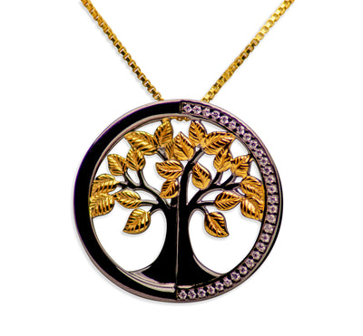 14K Gold Plated Black Sterling Silver 3D Tree of Life Pendant Necklace