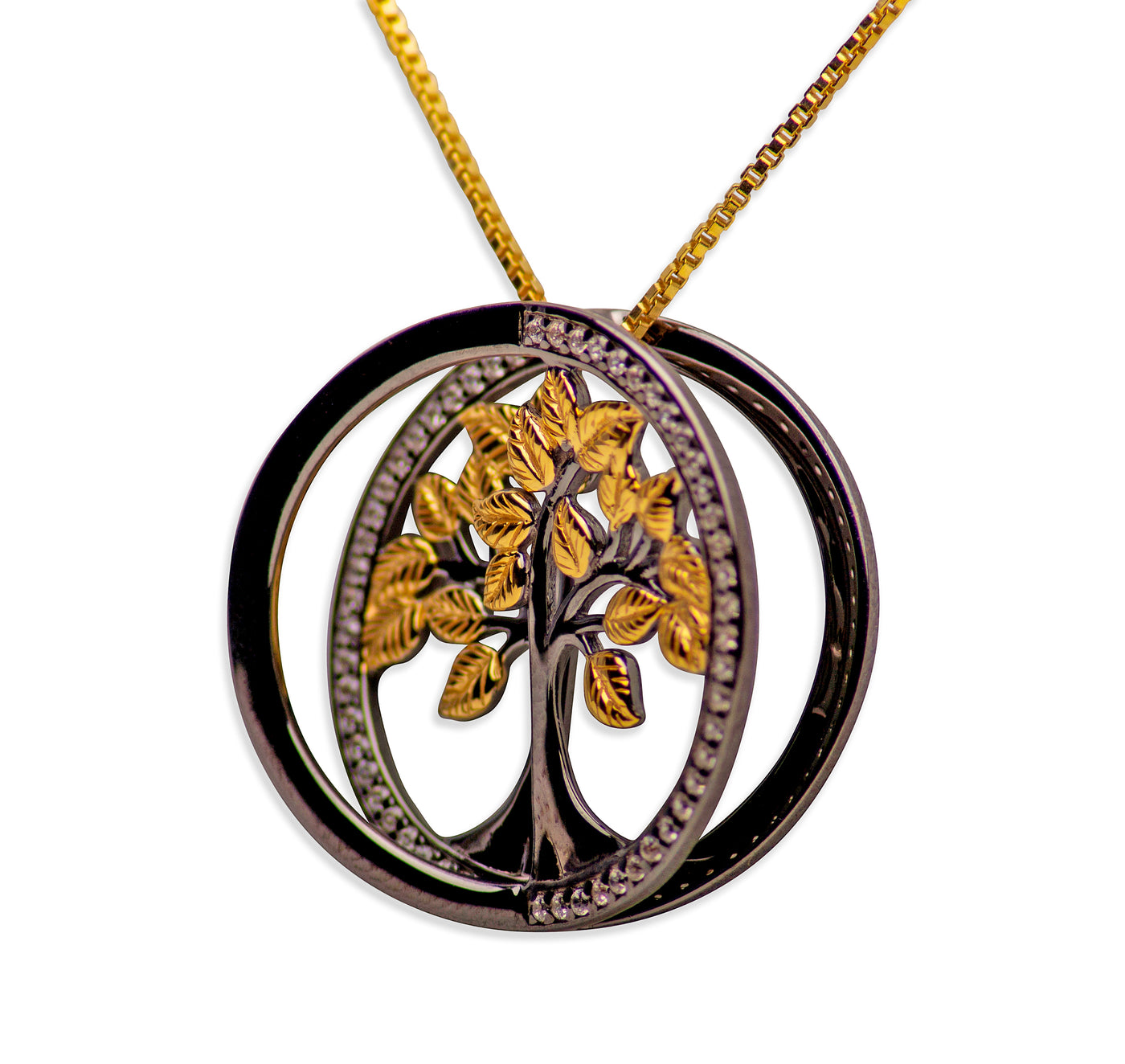 14K Gold Plated Black Sterling Silver 3D Tree of Life Pendant Necklace