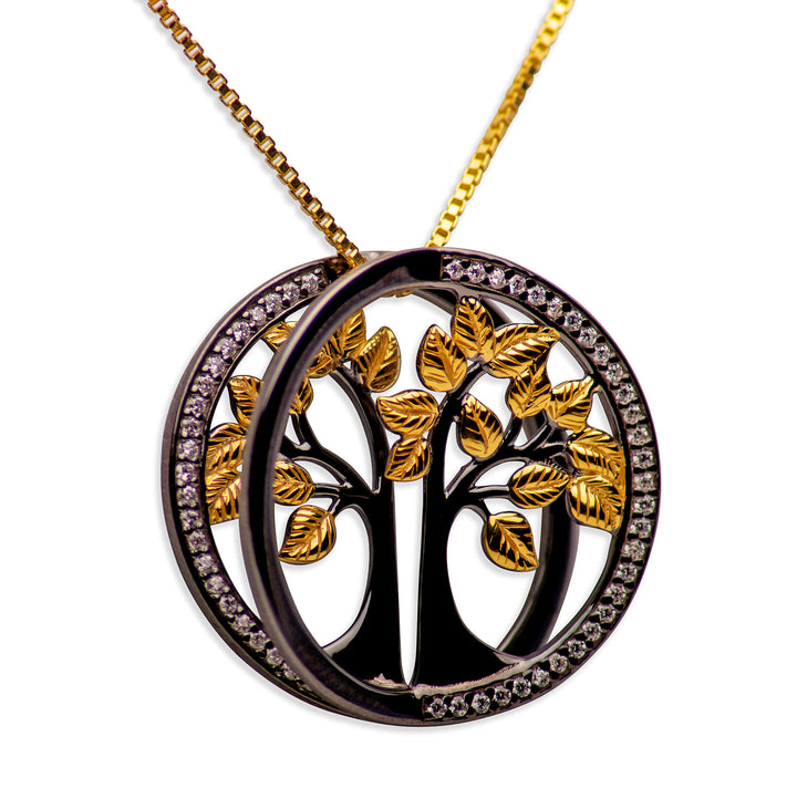 14K Gold Plated Black Sterling Silver 3D Tree of Life Pendant Necklace