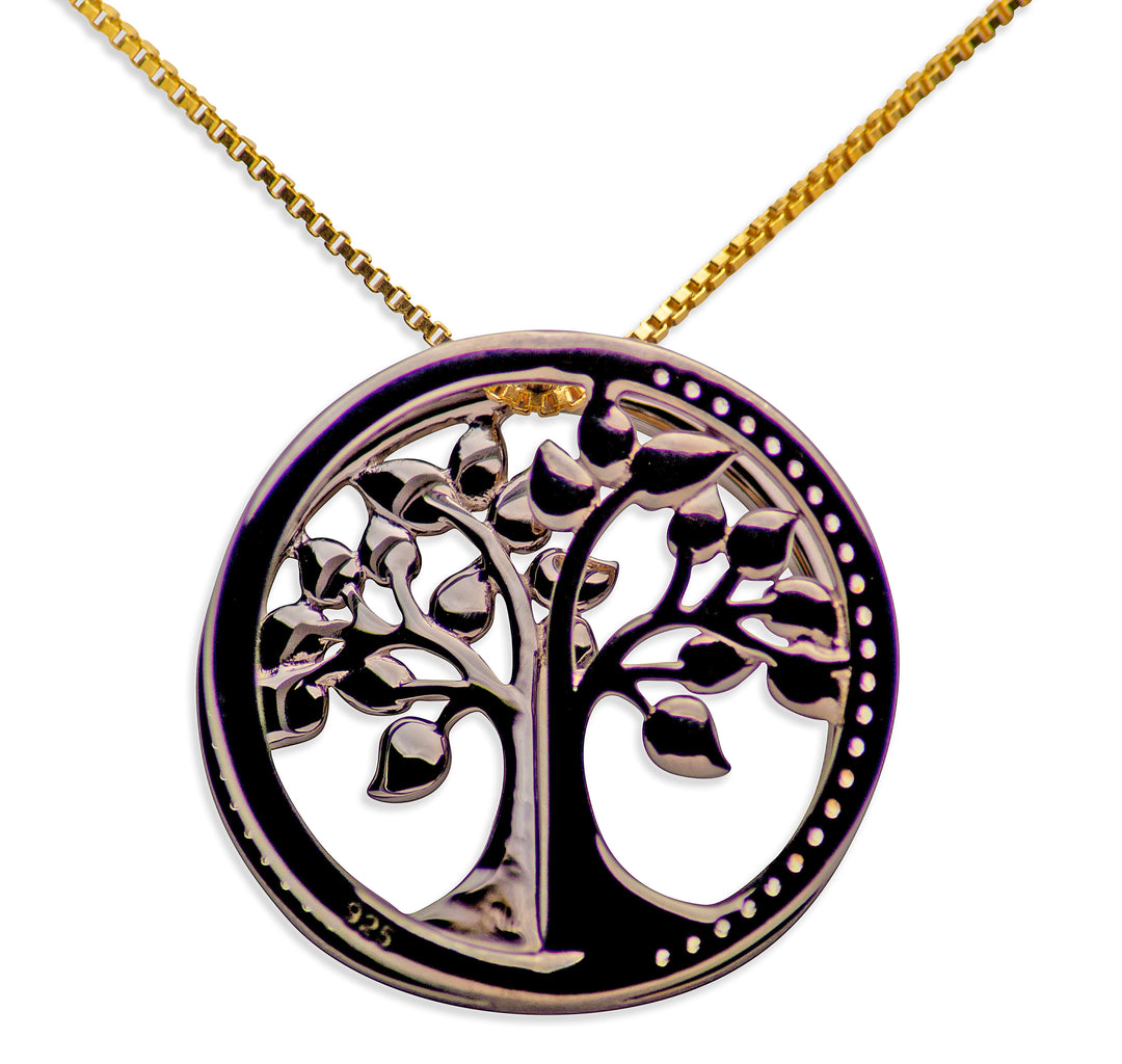 14K Gold Plated Black Sterling Silver 3D Tree of Life Pendant Necklace