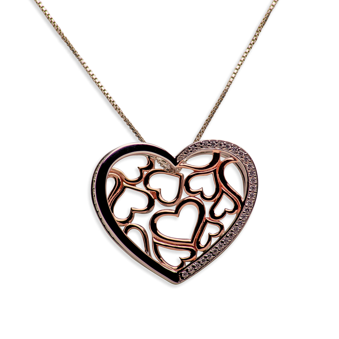 14K Rose Gold Plated Sterling Silver 3D Hearts Pendant Necklace