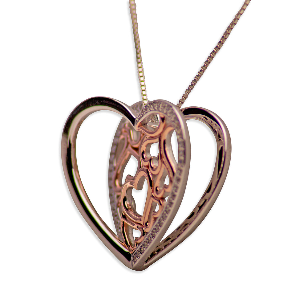 14K Rose Gold Plated Sterling Silver 3D Hearts Pendant Necklace