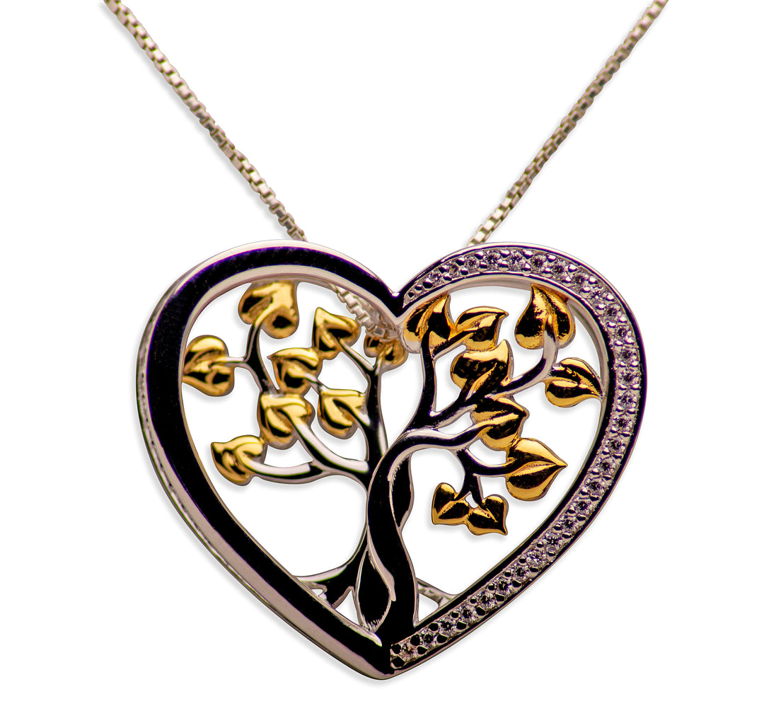 14K Yellow Gold Plated Sterling Silver 3D Tree of Life Heart Necklace