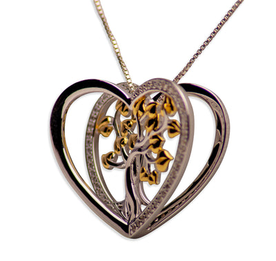 14K Yellow Gold Plated Sterling Silver 3D Tree of Life Heart Necklace