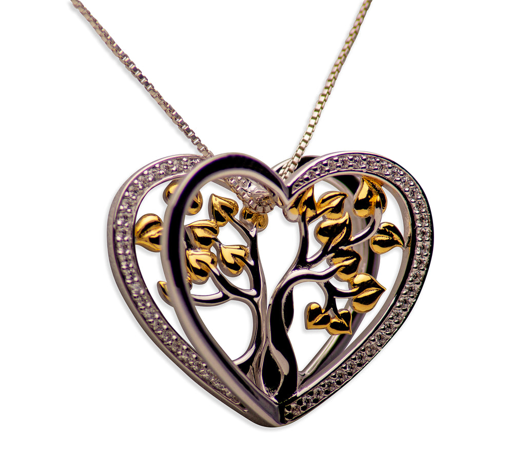 14K Yellow Gold Plated Sterling Silver 3D Tree of Life Heart Necklace