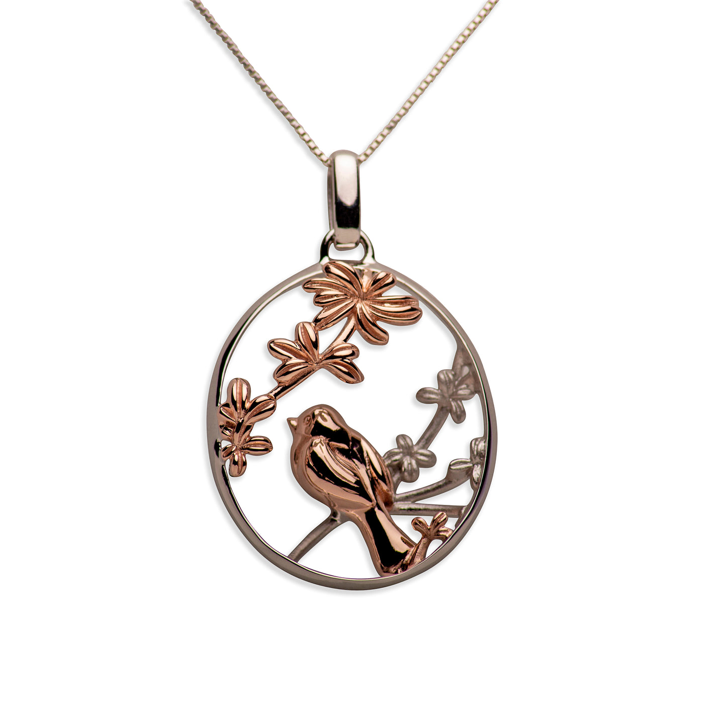 14K Rose Gold Plated Sterling Silver 3D Flower & Bird Pendant Necklace