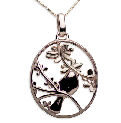 14K Rose Gold Plated Sterling Silver 3D Flower & Bird Pendant Necklace