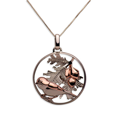 14K Rose Gold Plated Sterling Silver 3D Bird & Oak Leaves Necklace