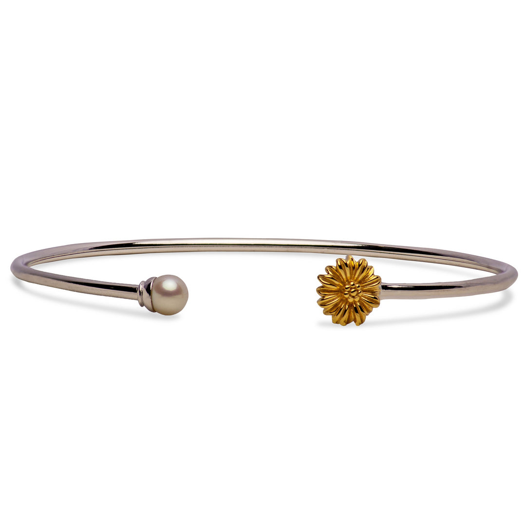 14K Gold Plated Sterling Silver Pearl Sunflower Bangle Bracelet