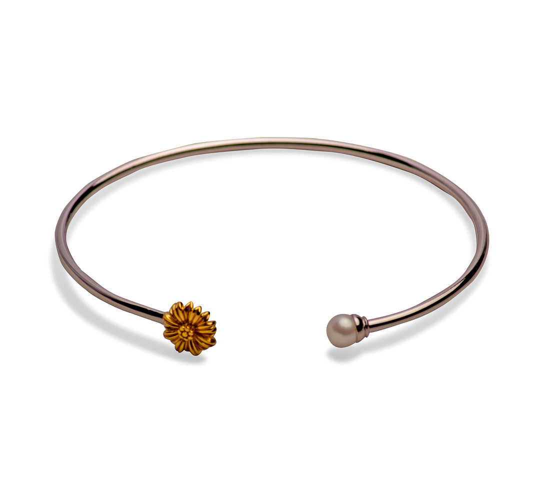 14K Gold Plated Sterling Silver Pearl Sunflower Bangle Bracelet