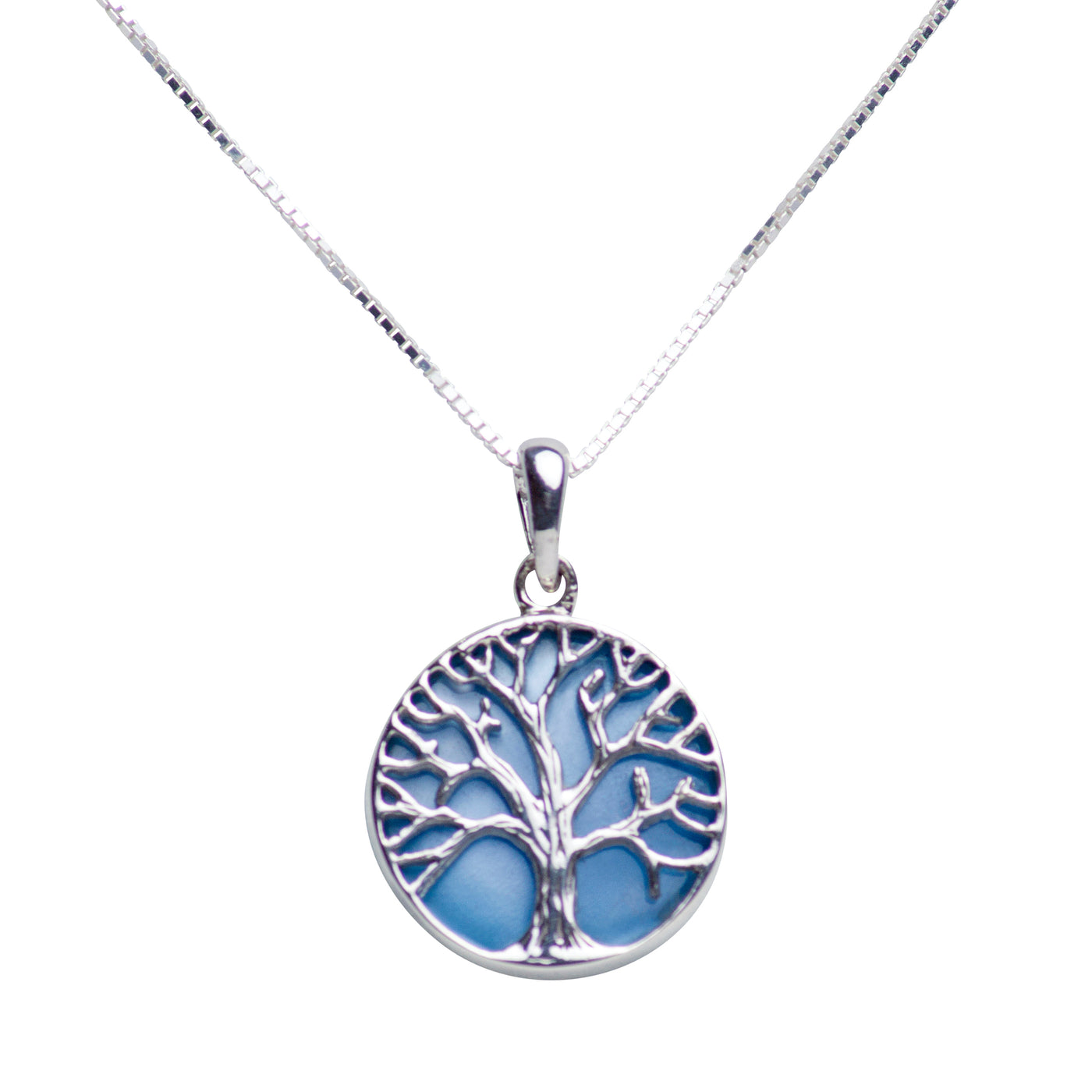 Blue Mother of Pearl Sterling Silver Tree of Life Pendant Necklace