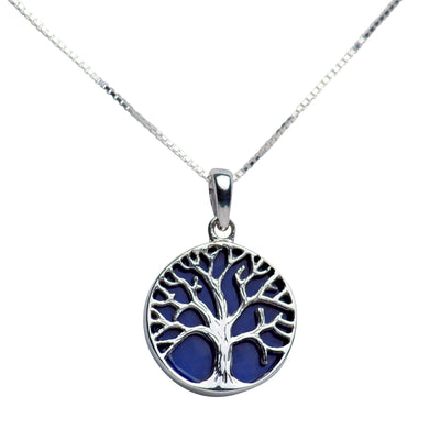 Created Lapis Accented Sterling Silver Tree of Life Pendant Necklace