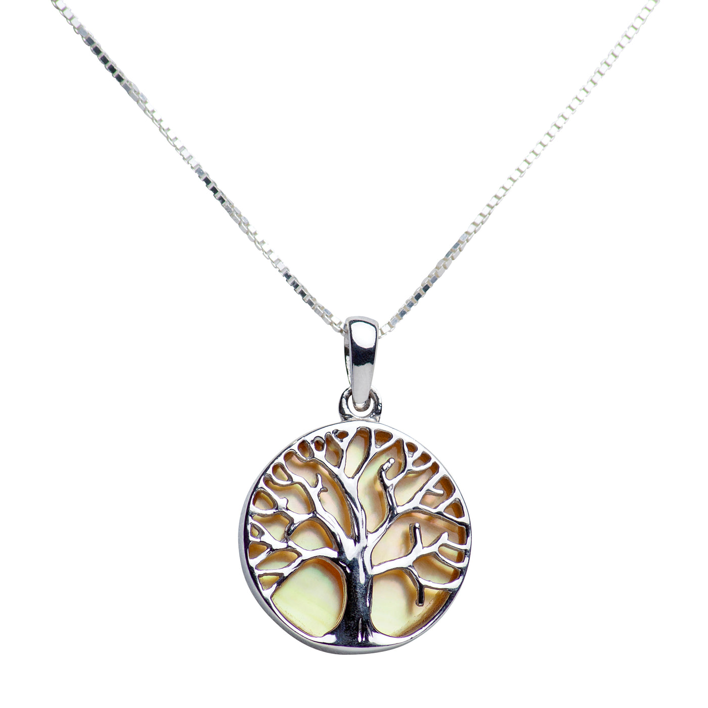 Gold Mother of Pearl Sterling Silver Tree of Life Pendant Necklace