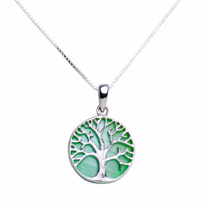 Green Mother of Pearl Sterling Silver Tree of Life Pendant Necklace