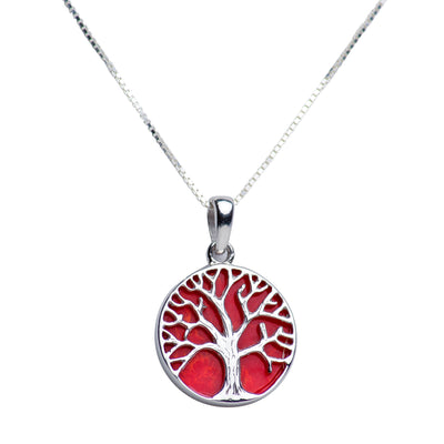 Created Red Coral Accented Silver Tree of Life Pendant Necklace