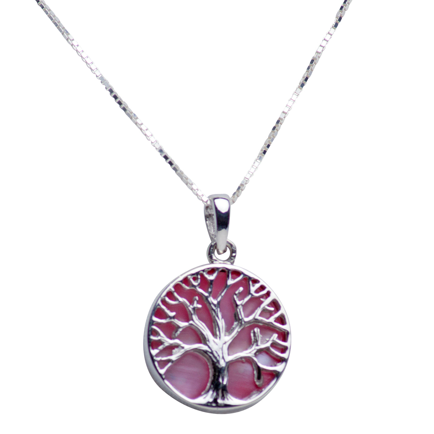 Pink Mother of Pearl Sterling Silver Tree of Life Pendant Necklace