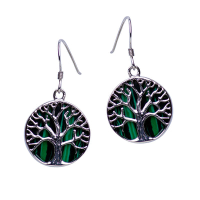 Tree of Life Earrings with Created Malachite Accent | SilverAndGold