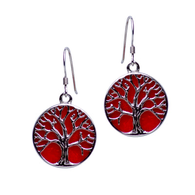 Tree of Life Created Red Coral Earrings | SilverAndGold