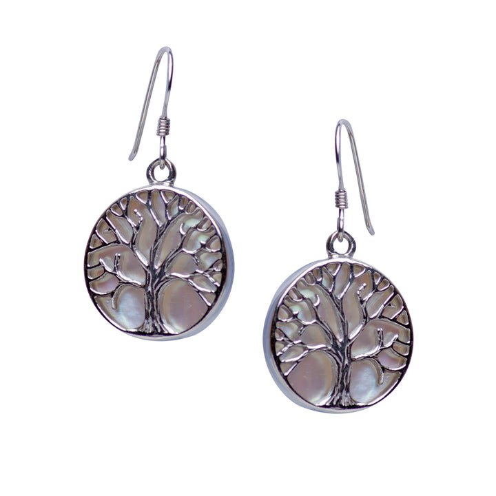 White Mother of Pearl Accented Tree of Life Earrings | SilverAndGold