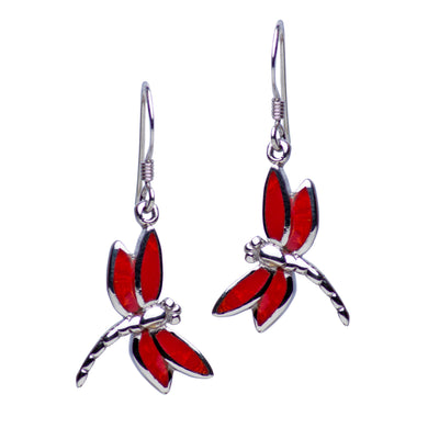 Sterling Silver Created Red Coral Dragonfly Earrings | SilverAndGold