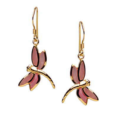 Gold Plated Pink Mother of Pearl Dragonfly Earrings | SilverAndGold